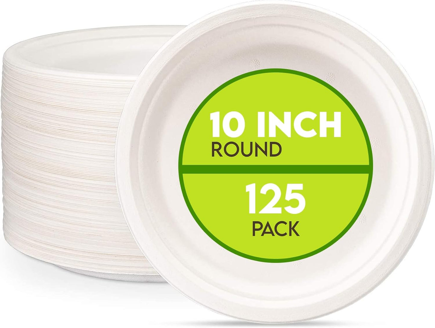 [125-Pack] 100% Compostable Bulk Paper Plates - 10" Sturdy Biodegradable Disposable Bagasse Eco-Friendly Plates - Large Heavy Duty Natural Sugarcane Fibers Plates for Dinner, Party (natural, 10 inch)