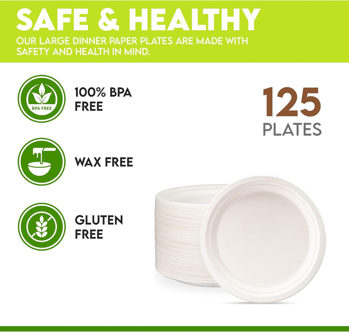 [125-Pack] 100% Compostable Bulk Paper Plates - 10" Sturdy Biodegradable Disposable Bagasse Eco-Friendly Plates - Large Heavy Duty Natural Sugarcane Fibers Plates for Dinner, Party (natural, 10 inch)